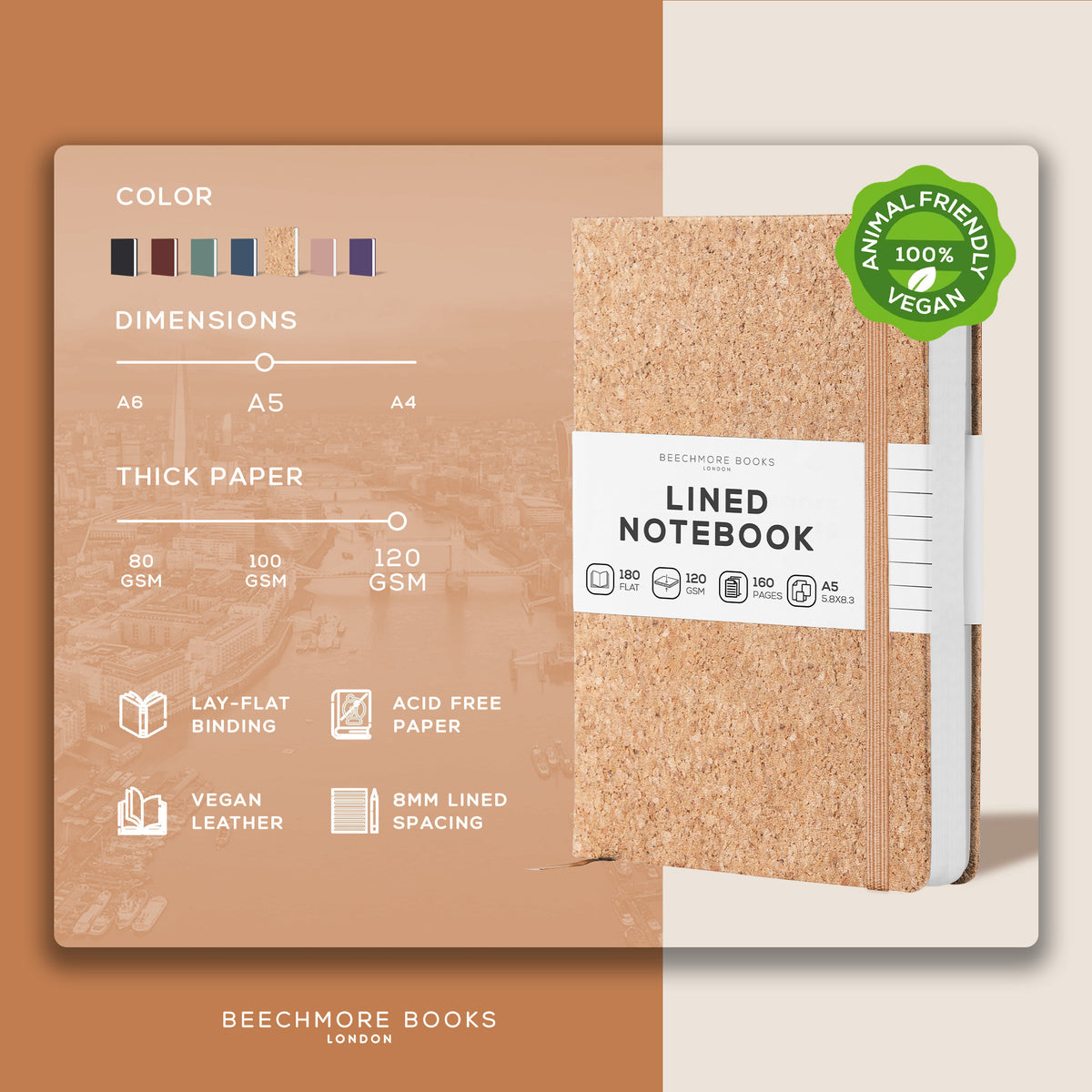 A5 Ruled Notebook - Beige Cork