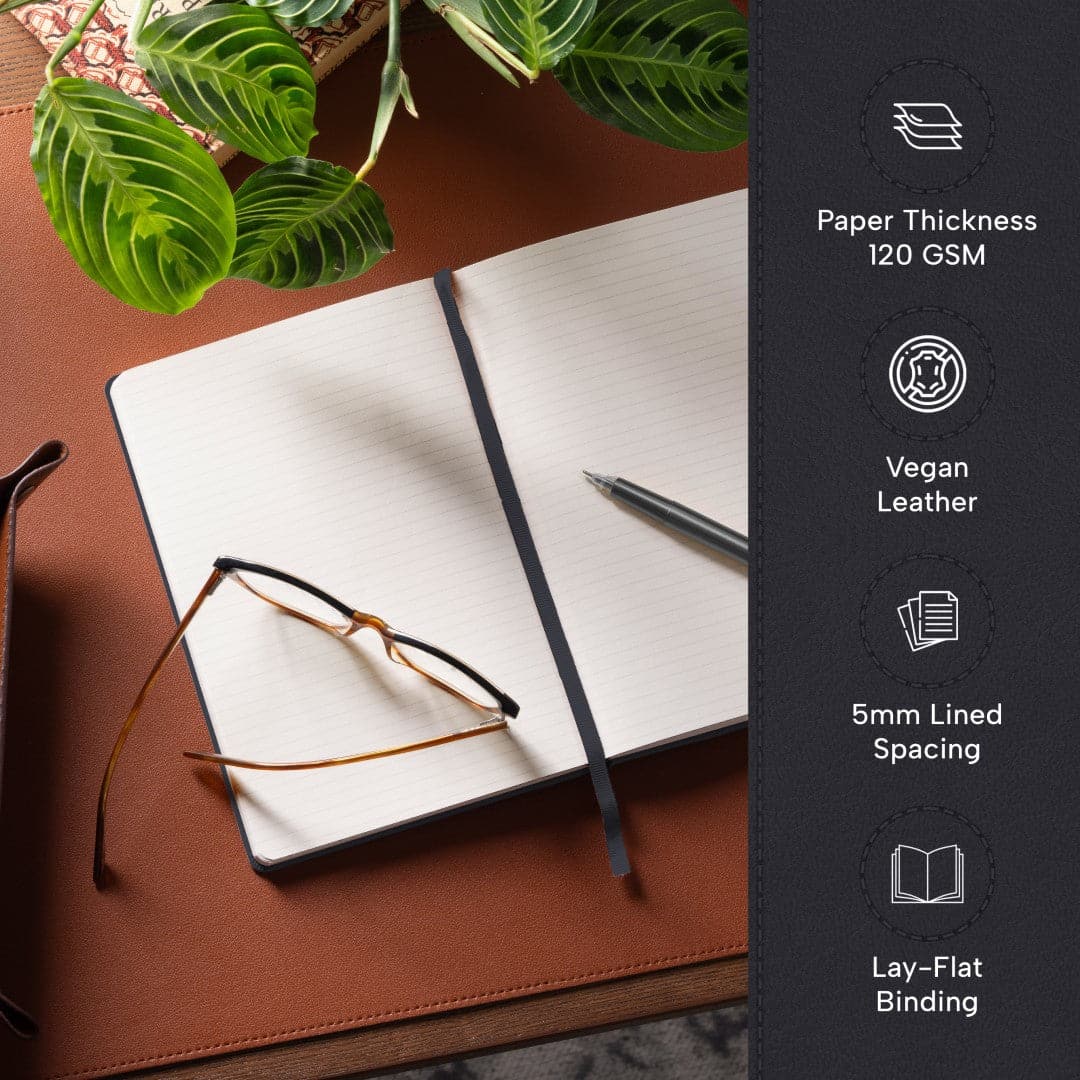 Sleek A5 ruled notebook in deep Charcoal Black, perfect for professionals and artists.
