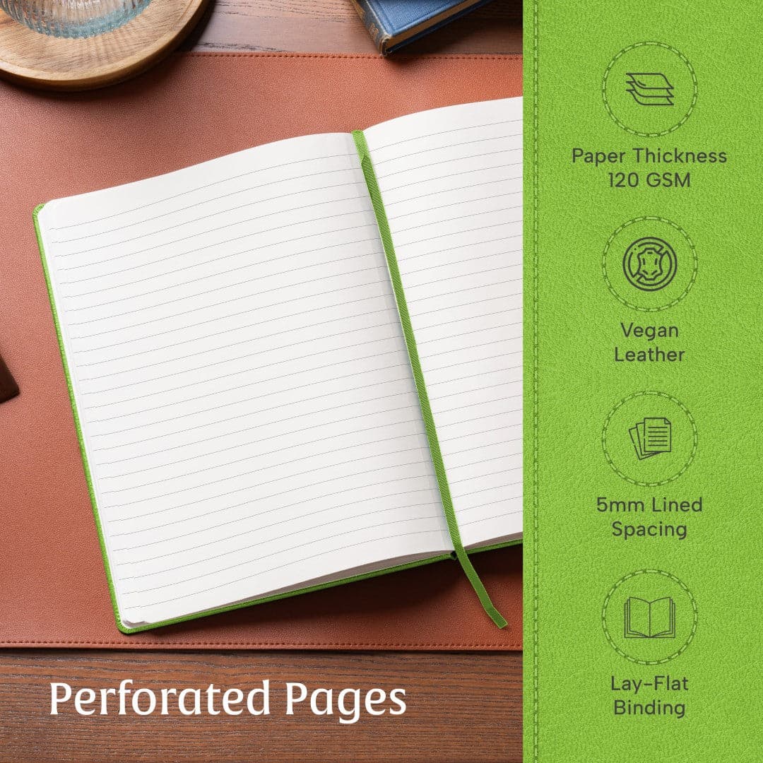 The A4 Ruled Notebook in Bright Lime from Beechmore injects energy and creativity into your writing, with lines that guide your thoughts.