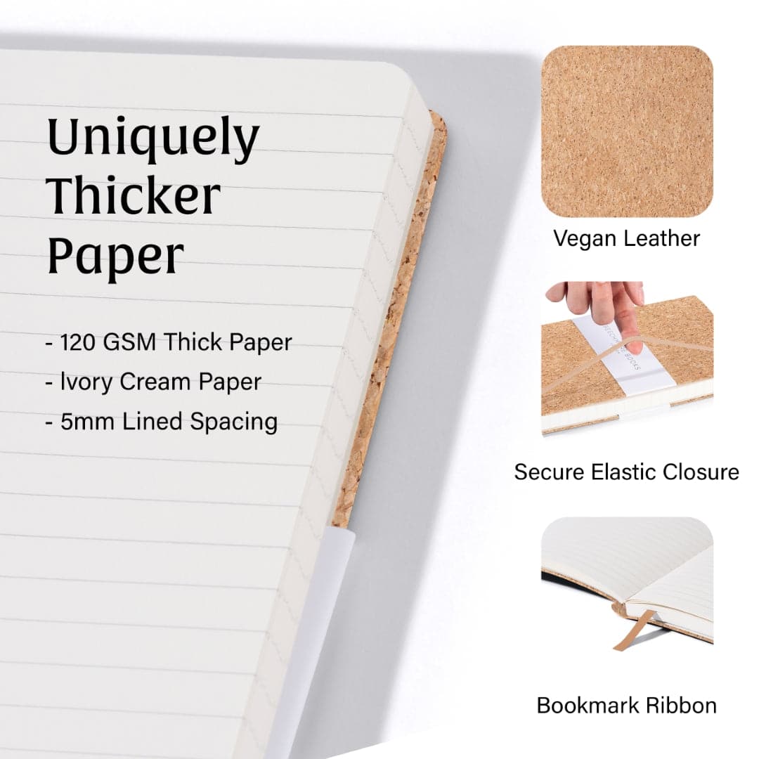Beechmore's A5 journal in Beige Cork, blending the warmth of cork with the utility of ruled pages.