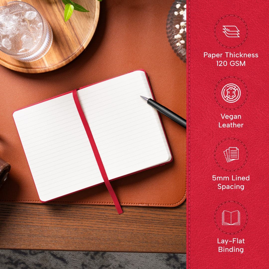 A6 Scarlet Red ruled notebook, igniting passion and creativity in a pocket-sized format