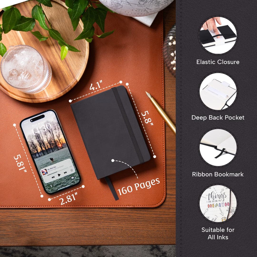 Elegant Charcoal Black pocket journal in A6, designed for minimalist note-taking efficiency