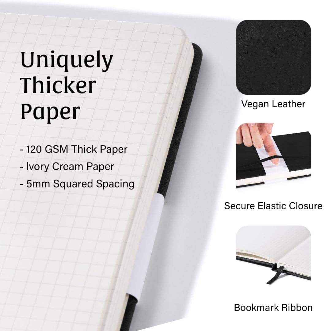 Minimalist Charcoal Black A5 graph paper book, blending formality with functionality.