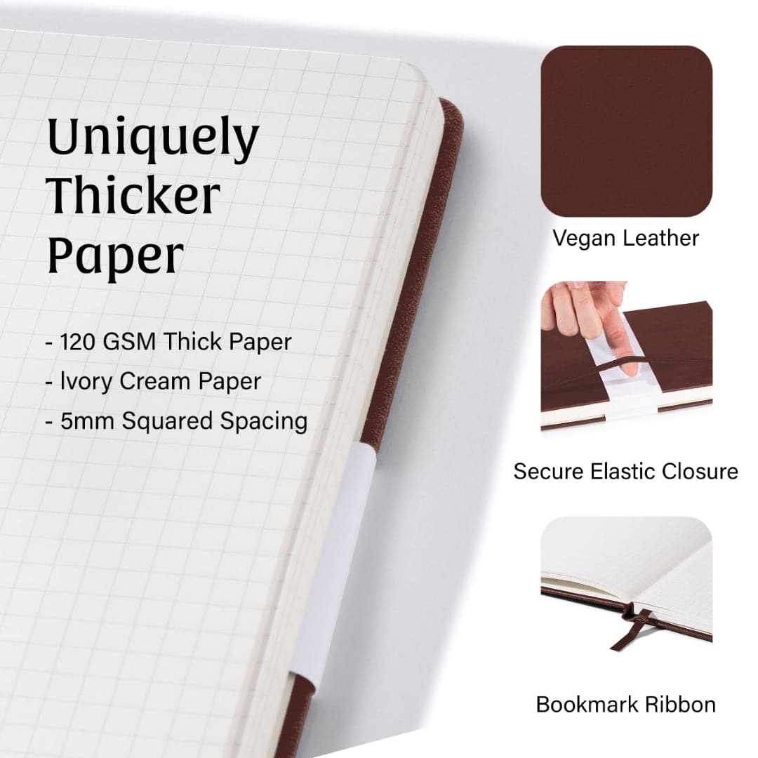 A5 graph paper notebook in Chestnut Brown, designed for clarity, organization, and style.