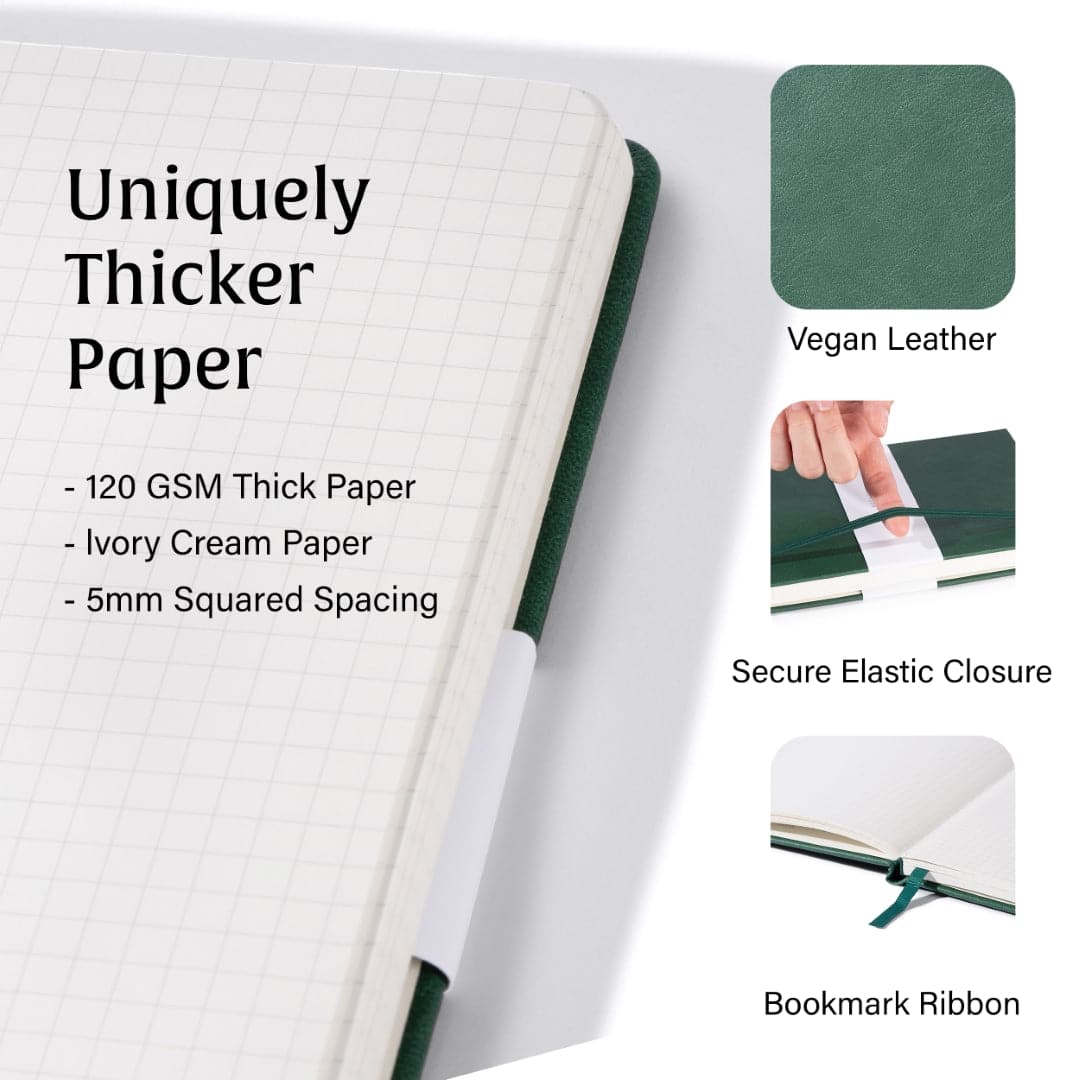 Dartmouth Green A5 notebook with graph paper, blending functionality with environmental themes.
